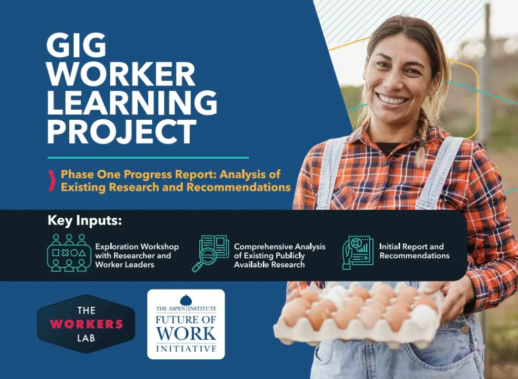 Report cover - Title reads 'Gig Worker Learning Project'. A woman wearing a shirt and overalls is smiling holding a large carton of eggs.