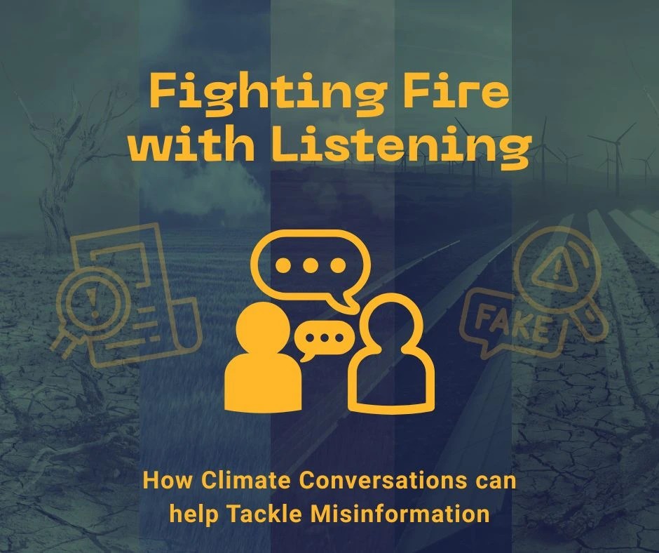 Title reads 'Fighting fire with listening: How climate conversations can help tackle misinformation'. Icon of two people with speech bubbles. Background image is a collage of photos with dried cracked earth and windfarms.