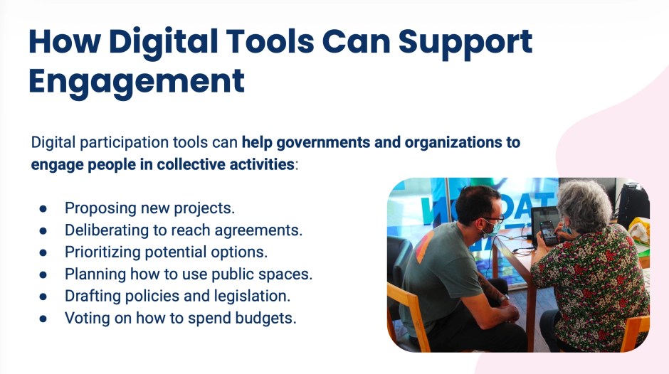 Text on slide with photo of people talking at table. Title reads 'How digital tools can support engagement'.
