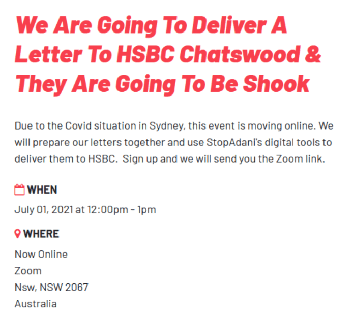 Event advertisement for online letter delivery action to HSBC bank. 