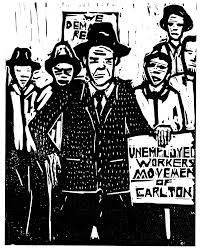 Woodcut print showing people standing together with a placard reading 'Unemployed Workers Movement of Carlton'.