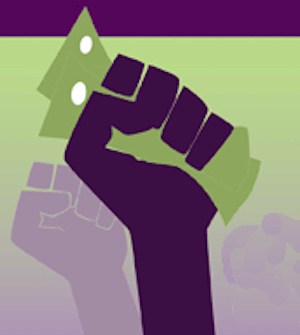 A graphic of a hand grasped around money raised in the air