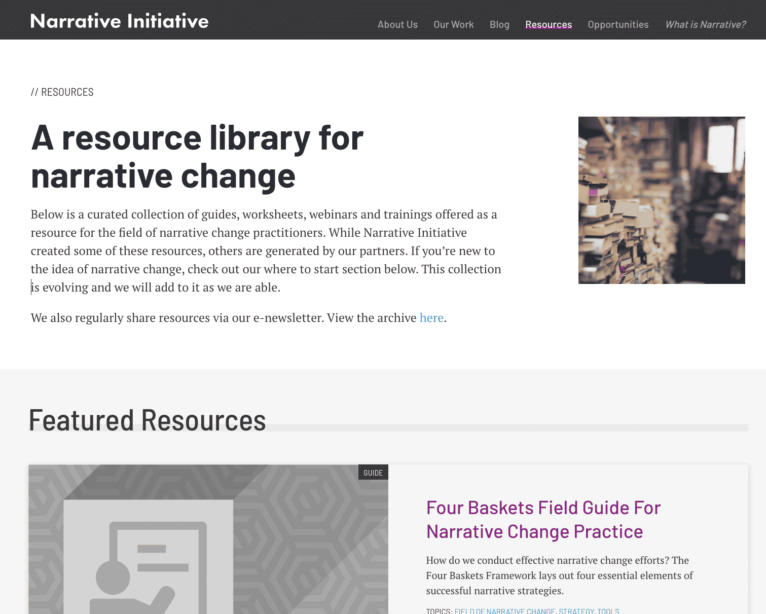 Screenshot of the home page of the Narrative Initiative Resource Library.