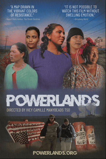 Poster for Powerlands documentary. A group of 5 indigenous women from different countries stand together.