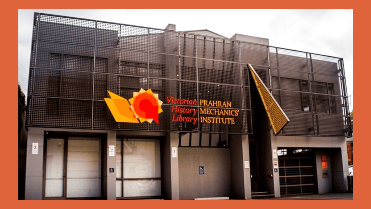 A two storey building with a sign and logo over the doorway. It reads 'Prahan Mechanics' Institute Library'.