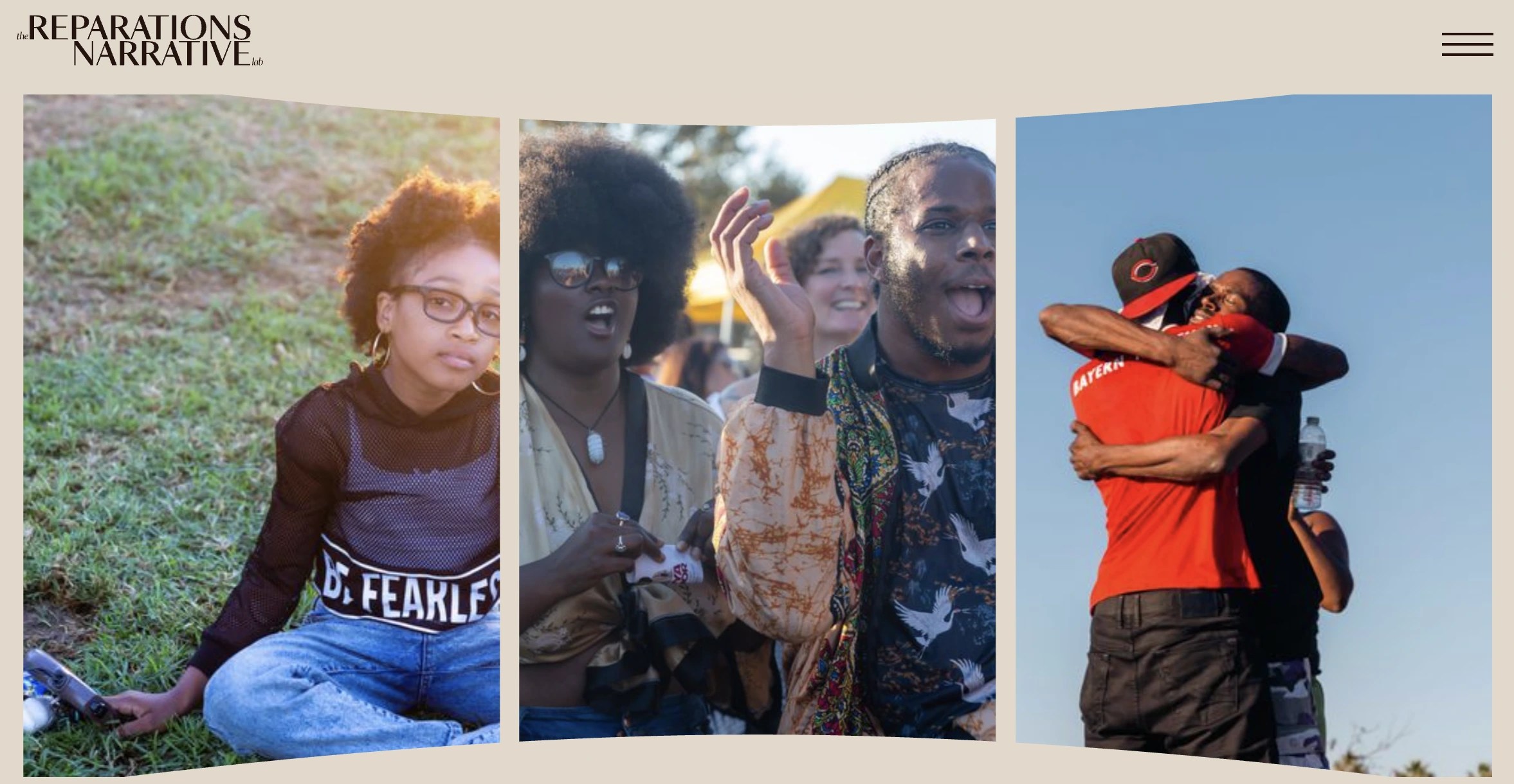 Screenshot of website - The Reparations Narrative Lab https://www.reparationsnarrativelab.org/ 3 images of Black people.