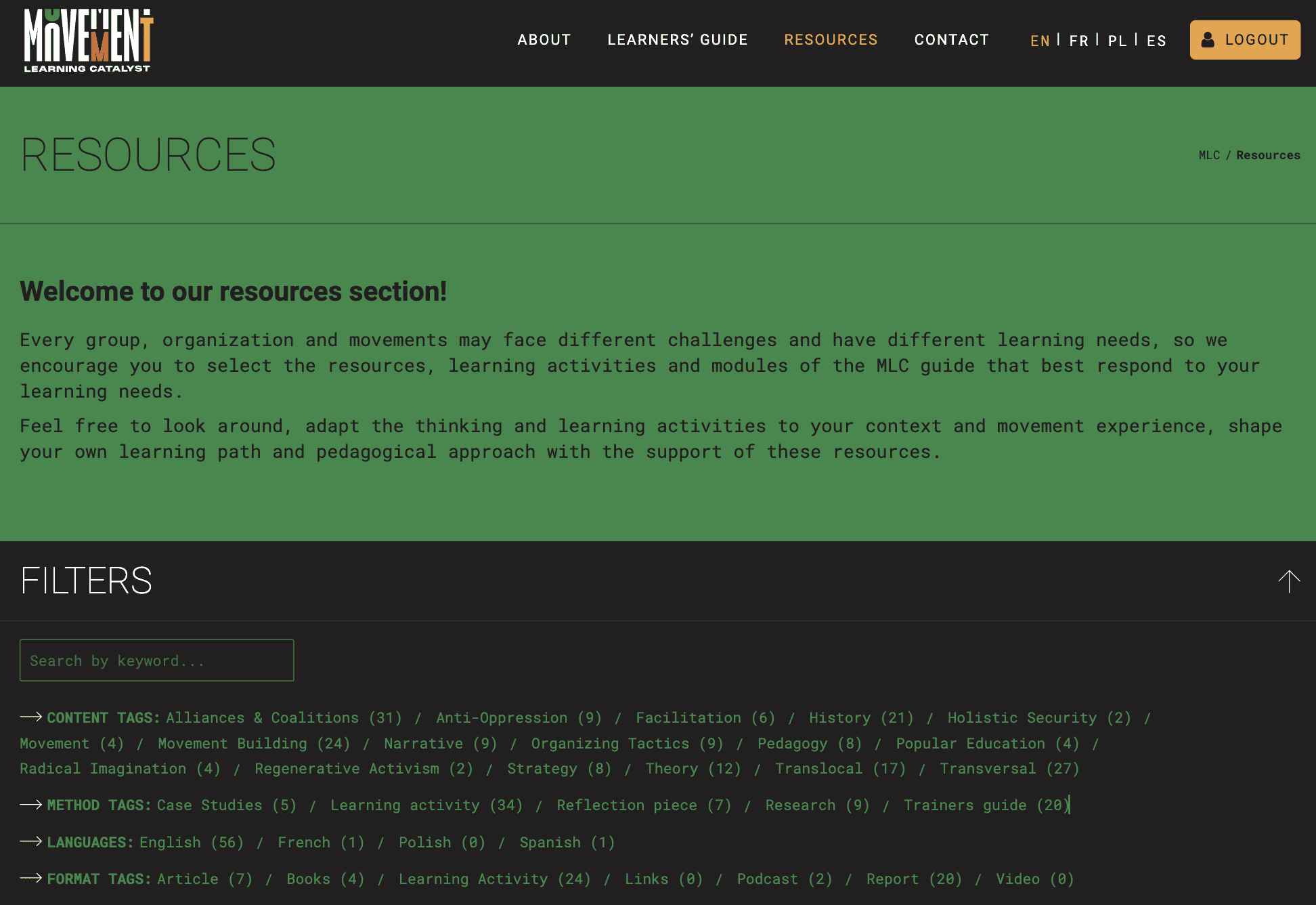 Screenshot of the website https://movementlearning.org/resources/ Title reads 'Resources'. Movement Learning Catalyst logo in top left.