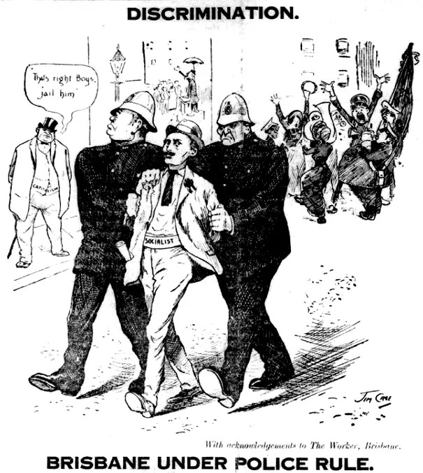 Two policemen march an arrested socialist speaker down the street while religious groups and capitalist celebrate.