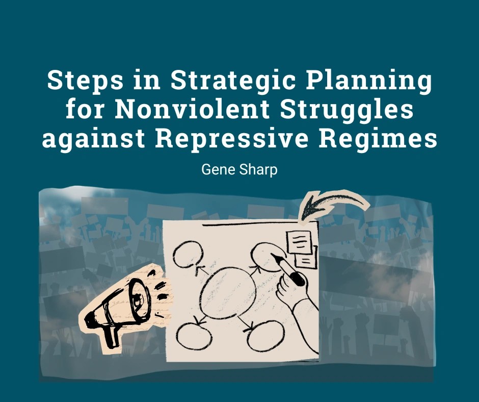 Title reads Steps in Strategic Planning for Nonviolent Struggles against Repressive Regimes, Gene Sharp". hand drawing on white board, with loudspeaker, arrow and background of protestors.