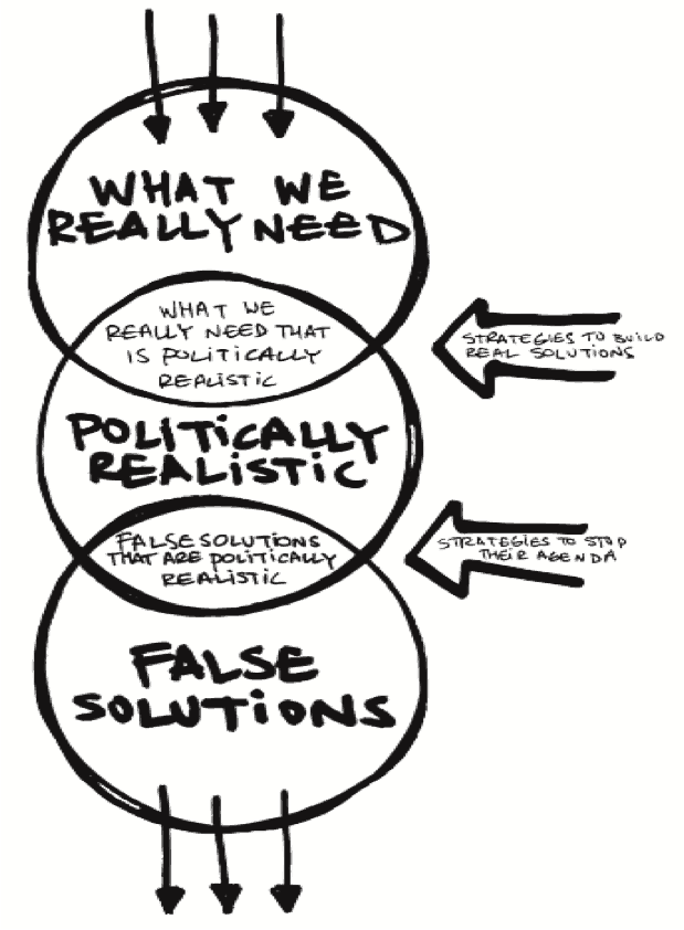 Diagram showing three overlapping circles. The top circle is 'What We Really Need', the middle circle is 'Politically Realistic' and the bottom circle is 'False Solutions'. The overlap between the first two circles is 'What we really need that is politically realistic. The overlap between the centre and bottom circles is 'False solutions that are politically realistic'. Two large arrows point from the right. The top arrow is 'Strategies to build real solutions', the bottom arrow is 'Strategies to stop their agenda'.
