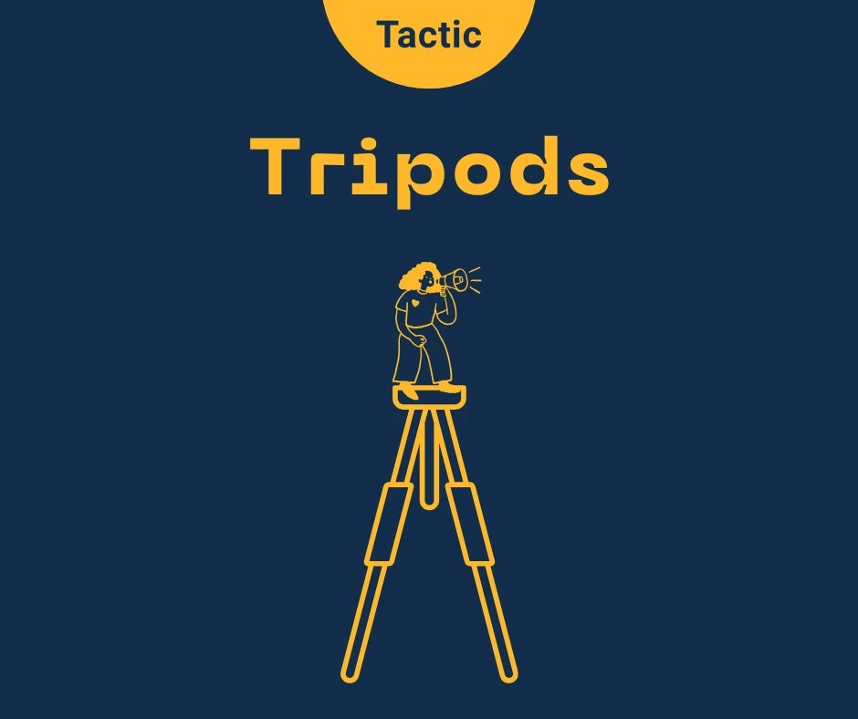 Title 'Tripods'. A person with a loudhailer stands on top of a 3 legged structure / tripod.