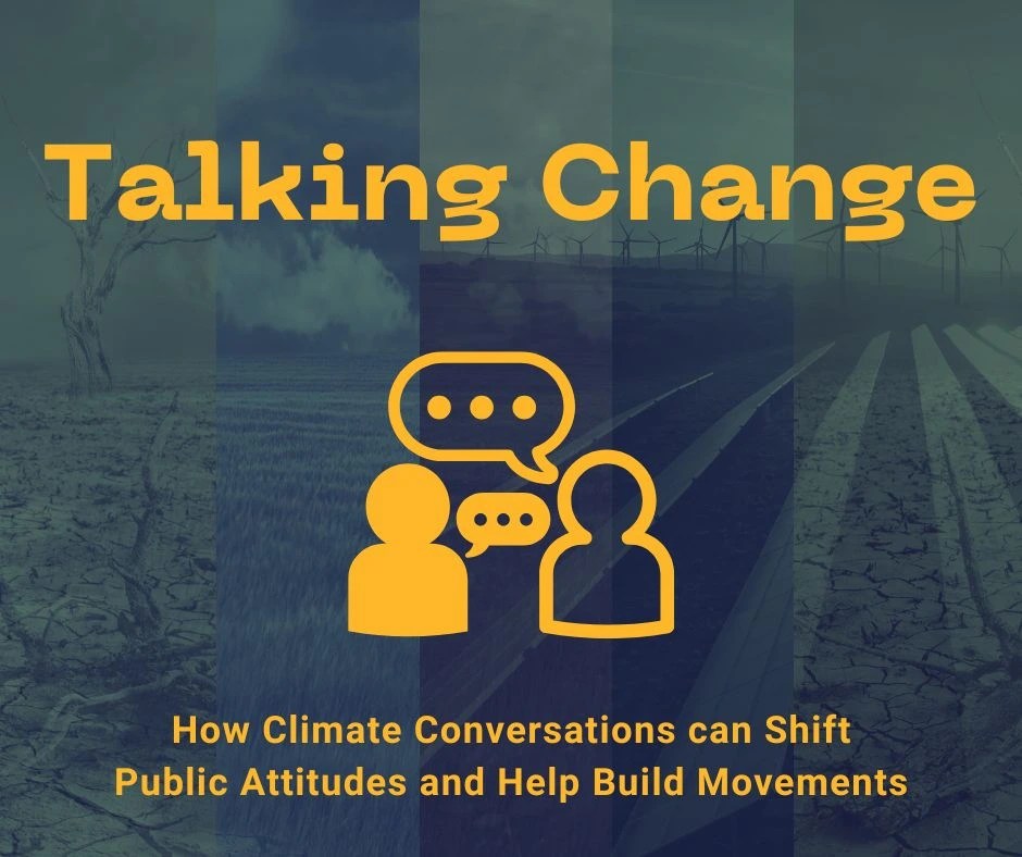 Title reads 'Talking Change How Climate Conversations can Shift Public Attitudes and Help Build Movements'. Icon of two people with speech bubbles. Background image is a collage of photos with dried cracked earth and windfarms.