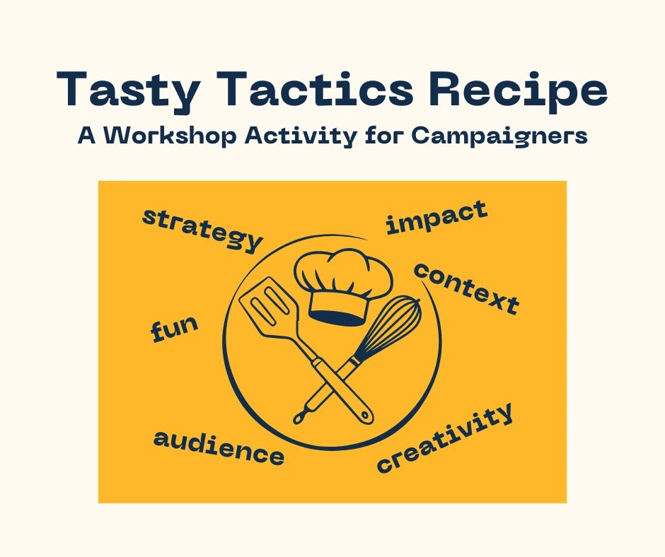 Title 'Tasty Tactics Recipe: A Workshop Activity for Campaigners". Image of a chef's hat, whisk and spatula surrounded by words: strategy, fun, context, impact, creativity, audience.