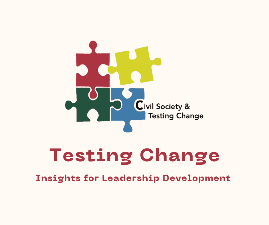 Title reads 'Testing Change: Insights for Leadership Development '. Logo is four different coloured puzzle pieces.