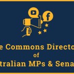 Text reads 'The Commons Directory of Australian MPs & Senators'. Icon of a hand holding a loudspeaker. Two speech bubbles are coming out of the speaker. One has the youtube logo and the other facebook. There are 3 stars.