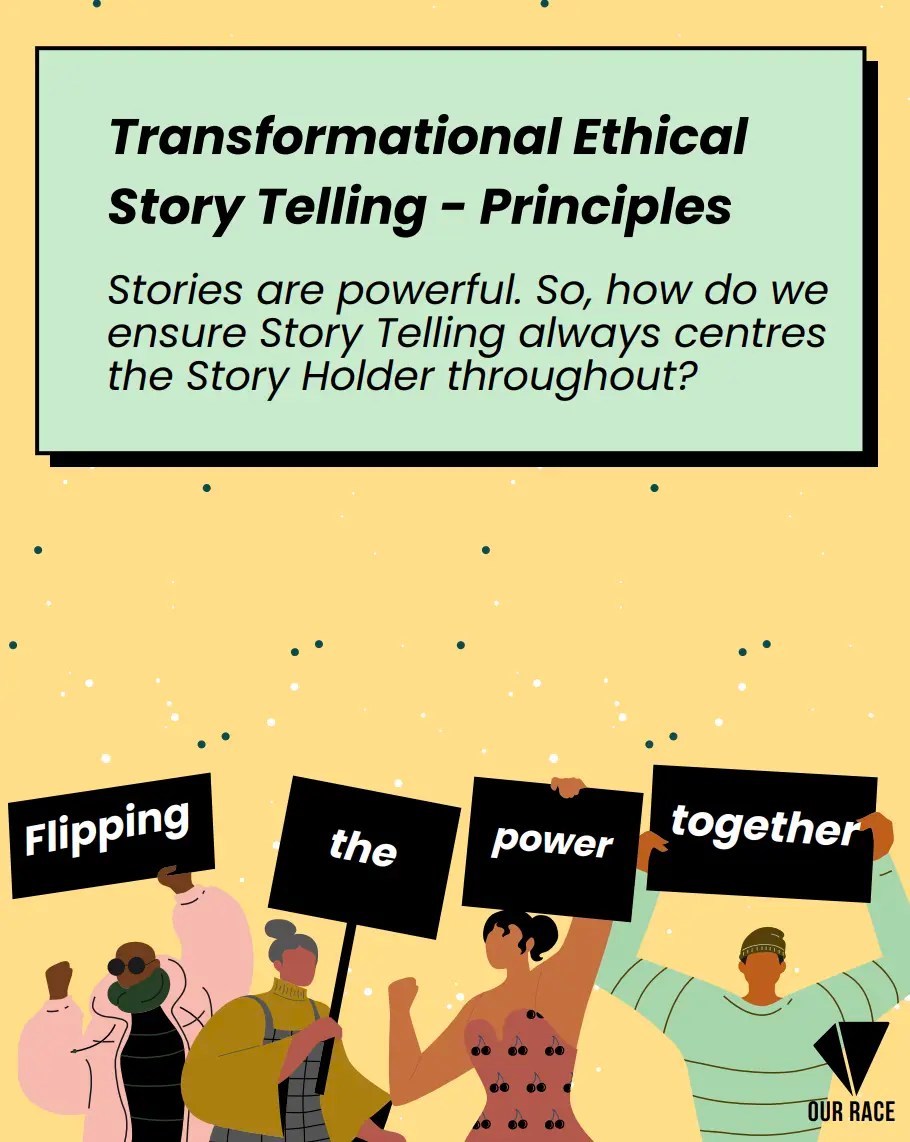PDF cover - Title reads 'Transformational Ethical Story Telling Principles'. Text under title reads 'Stories are powerful. So, how do we ensure Story Telling always centers the Story Holder throughout?'. At the bottom is an illustration of a group of people holding signs. On each sign is a word which collectively reads 'flipping the power together'.