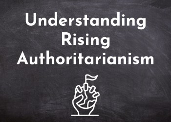 Text reads 'Understanding Rising Authoritarianism'. An icon of a hand squeezing the world.