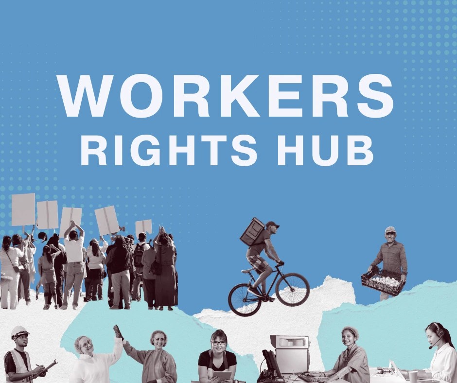 Text reads 'Workers Rights Hub'. Collage of black and white cut out photos of people from different backgrounds in different work roles. For example there is a man riding a bike as a food delivery rider and a woman working at a computer. There is also a group of people protesting holding signs.|Title reads 'The Fall (and Rise?) of Unions in the US". Ripped paper representing mountains at the bottom under title.