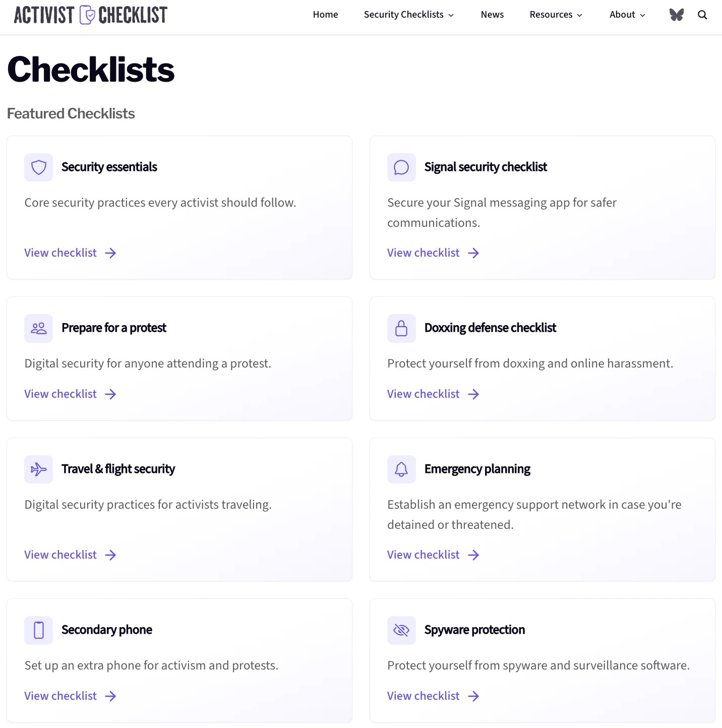 screenshot of activist checklist website. a list in two columns of checklists.