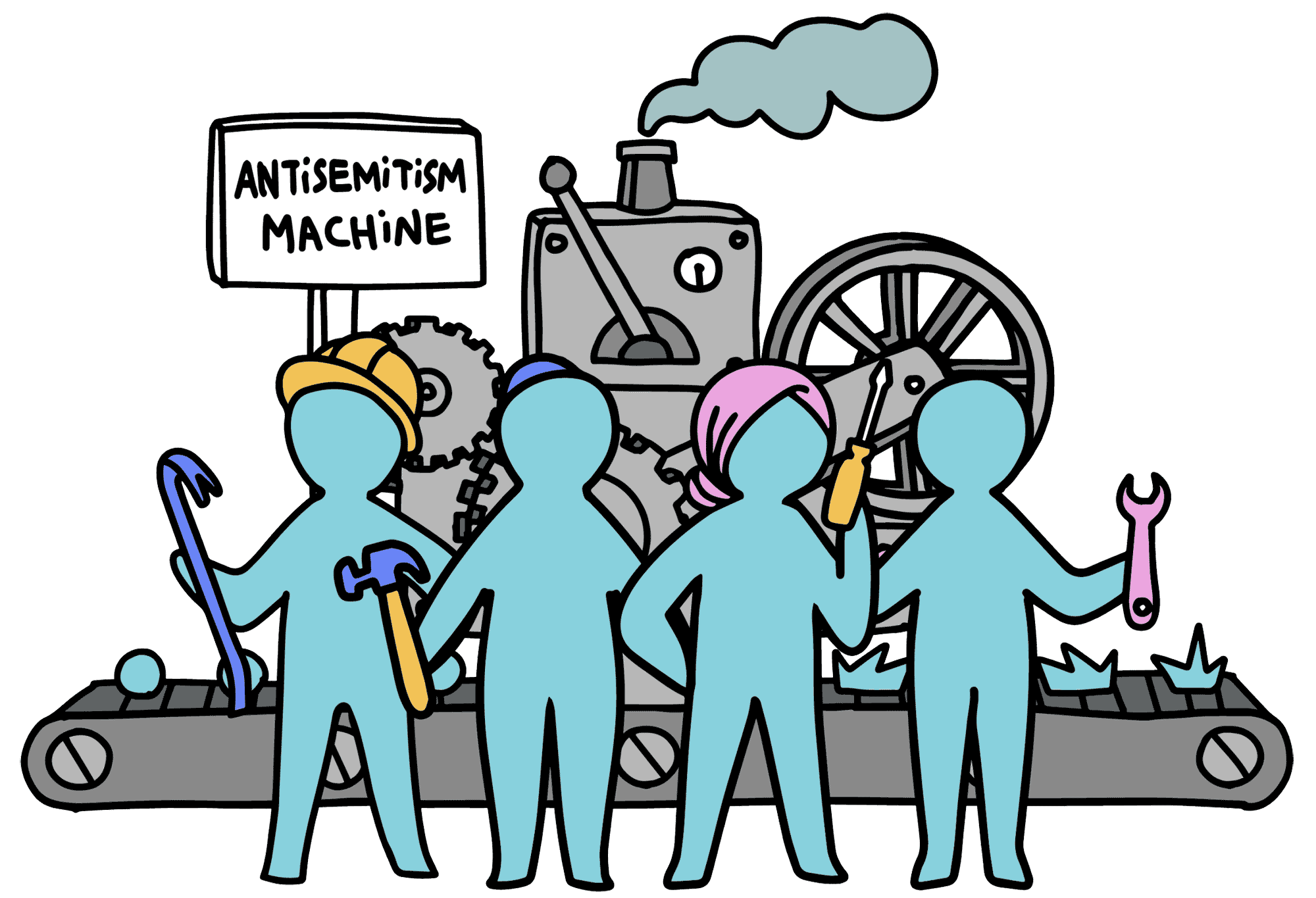 Illustration titled 'Anti-semitism Machine'. It shows a grey machine with dials, wheels and smoke, with four cartoon figures standing in front holding tools.