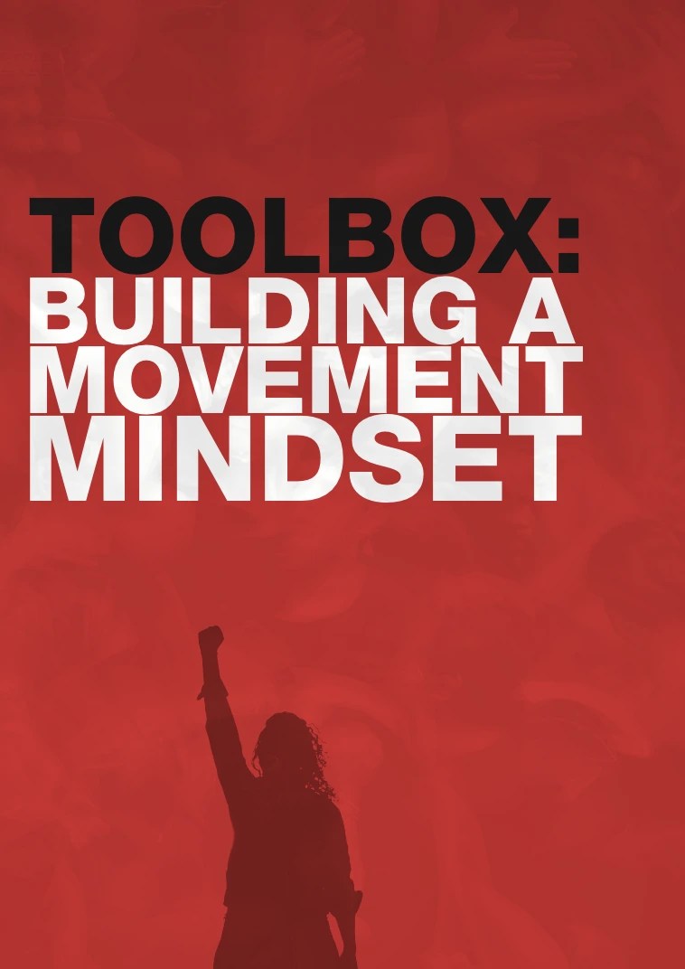 Title "toolbox building a movement mindset". Silhouette of a person with their fist up in the air.