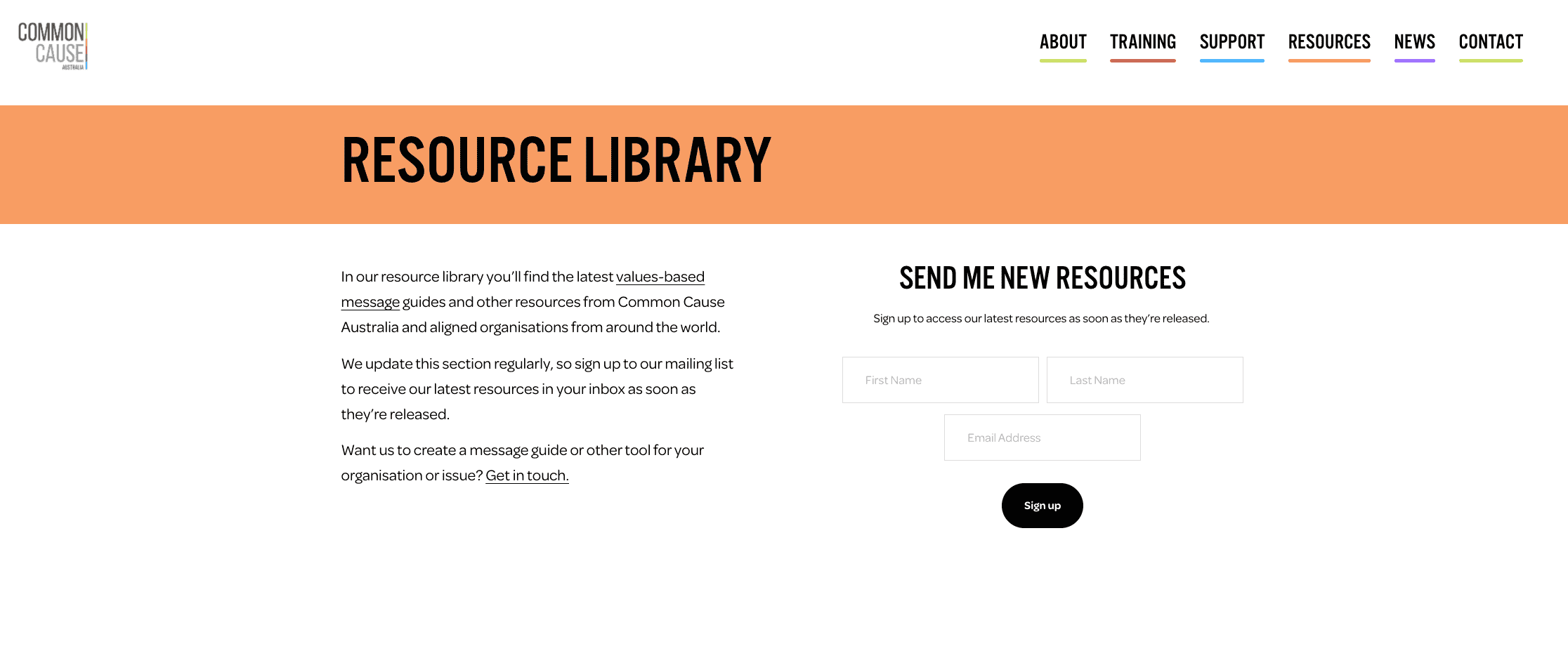 screenshot of the webpage of the Common Cause Australia Resource Library.