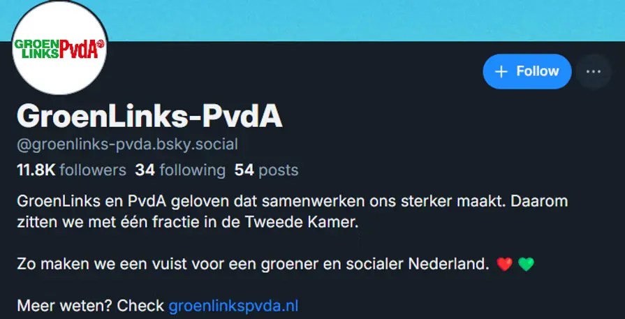 Screenshot of Bluesky profile image for the Green Party, Netherlands.