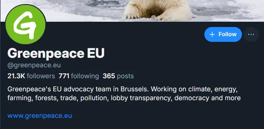 Screenshot of Bluesky profile image for Greenpeace EU. 