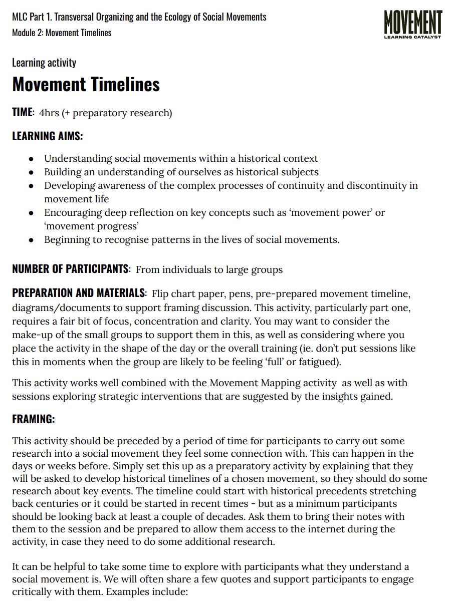 Screenshot of a word document page. Title reads 'MLC Part 1. Transversal Organizing and the Ecology of Social Movements Module 2: Movement Timelines, Learning activity Movement Timelines'. There is text and the logo for the Movement Learning Catalyst at top right.