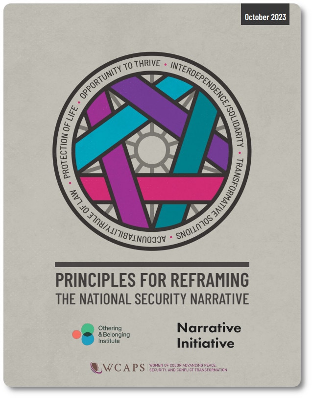 Report cover titled 'Principles for Reframing the National Security Narrative'. Image of a circle with a sun in the middle with interlocking coloured bars in front of the sun.