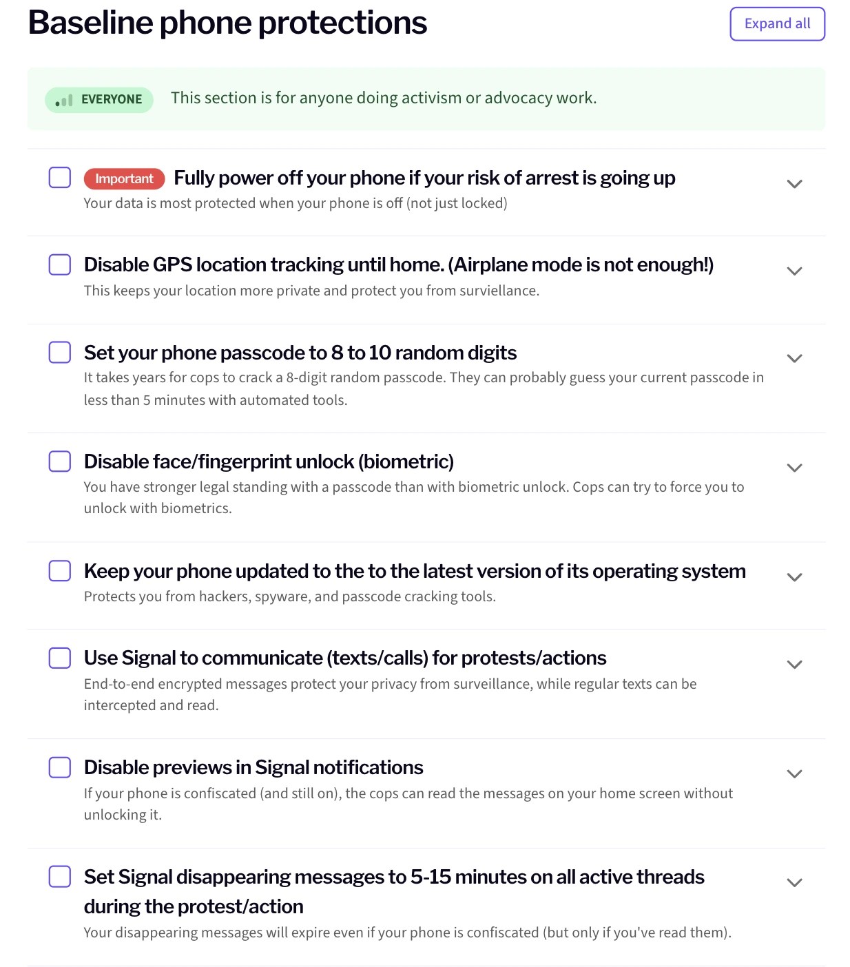 screenshot of website page from the activist checklist website. Title reads "Baseline phone protections". There is text and a checklist with checkboxes.