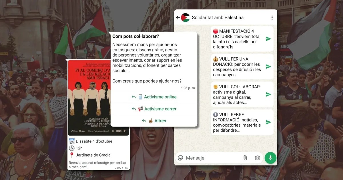Photograph of a large Palestine solidarity march in Barcelona, over laid with screenshots of WhatsApp.