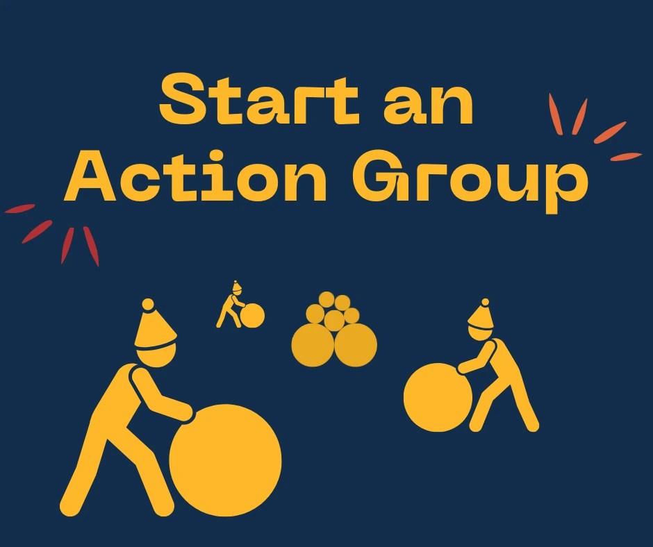 Title reads 'Start an Action Group'. 3 figures are rolling snowballs into a pile of snowballs.