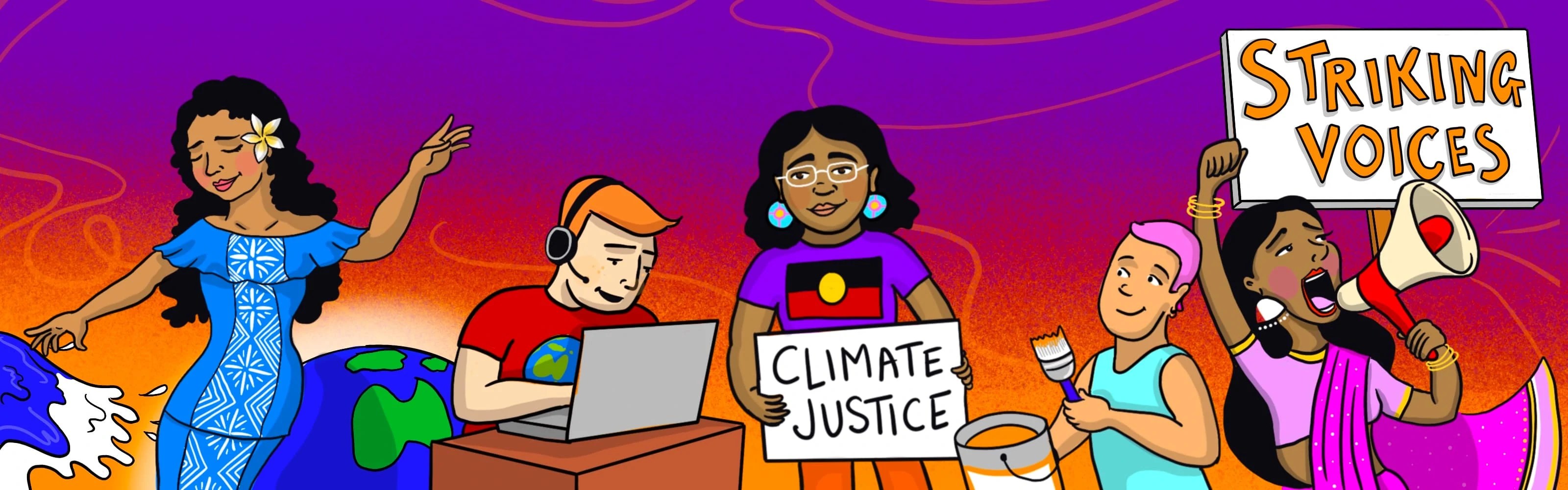 A cartoon of a row of young people, some of whom are holding placards reading climate justice and striking voices.