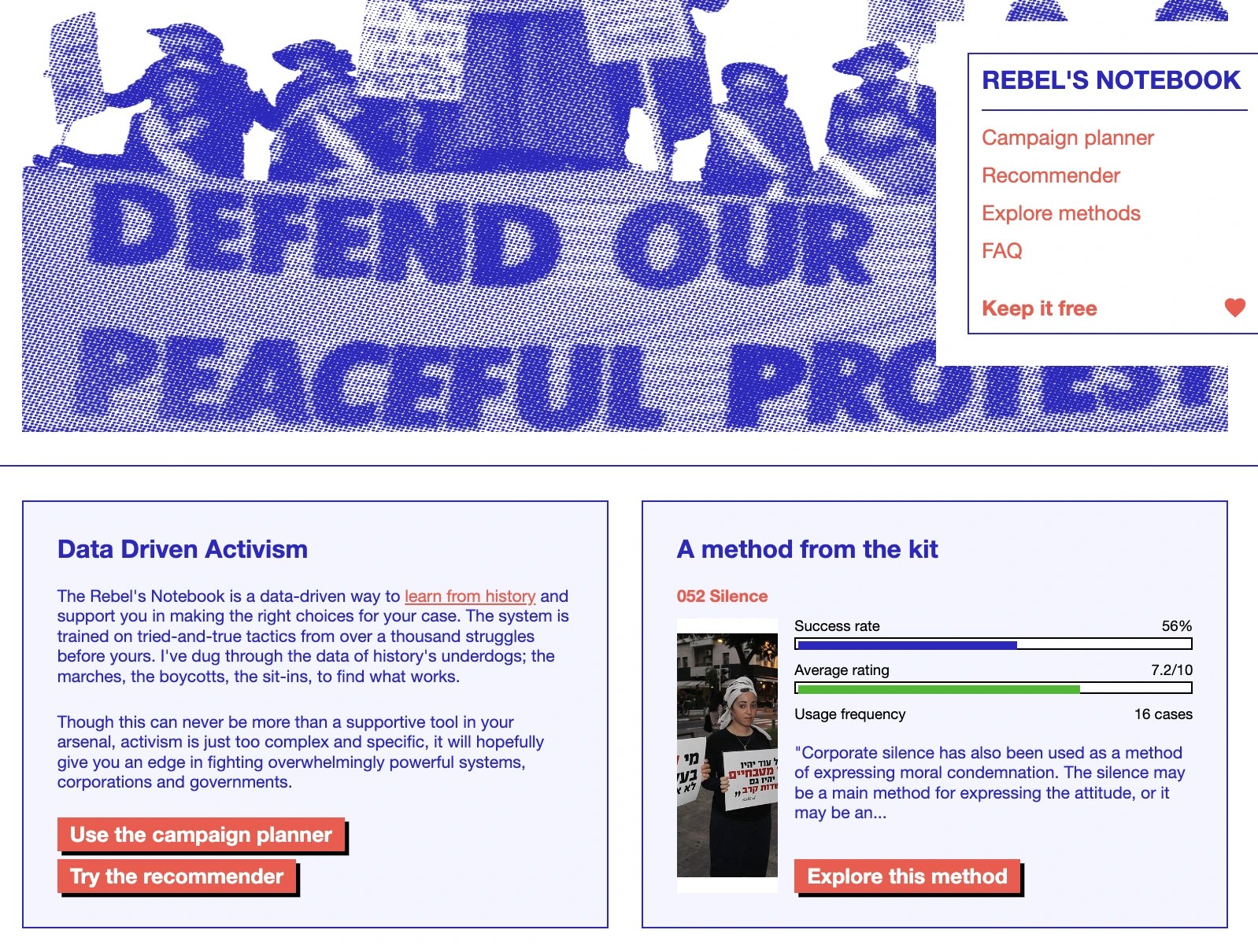 Screenshot of front webpage of the website The Rebel's Notebook - https://rebelsnotebook.com/ At top of website is a banner photo of people protesting and holding a large banner that reads 'Defend our peaceful protest'.
