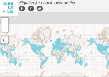 A world map with blue markers clustered around population hot-spots in every continent. Over the map