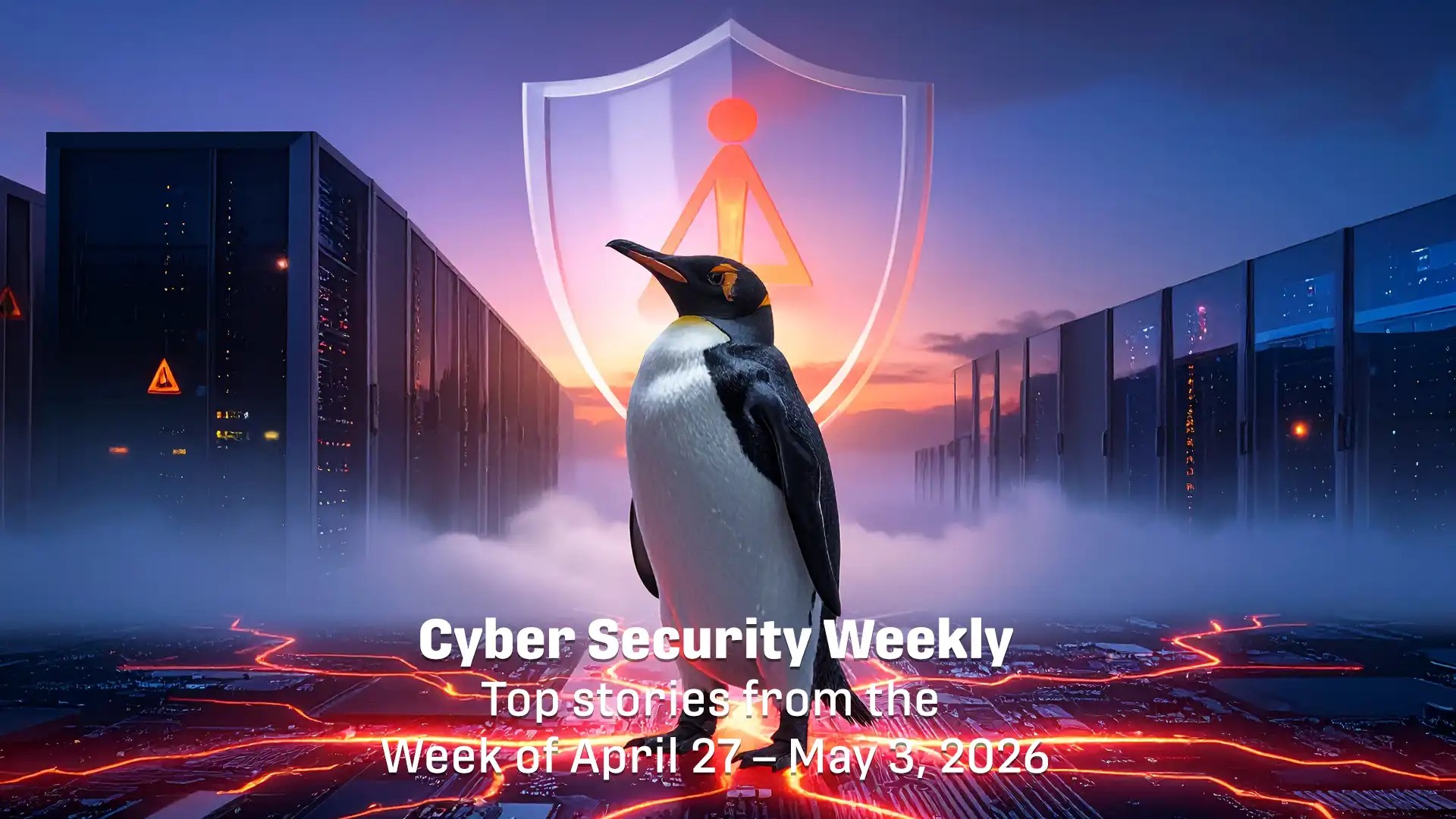 Penguin in a futuristic server room with a glowing shield emblem behind, symbolizing cyber security weekly.