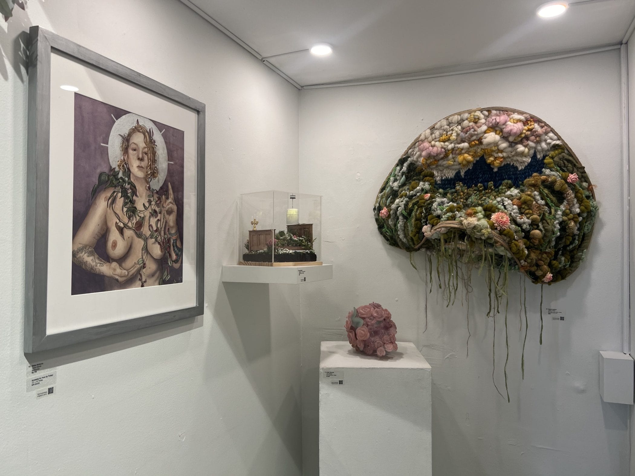 Various mediums of art intertwine nature, human body at exhibition