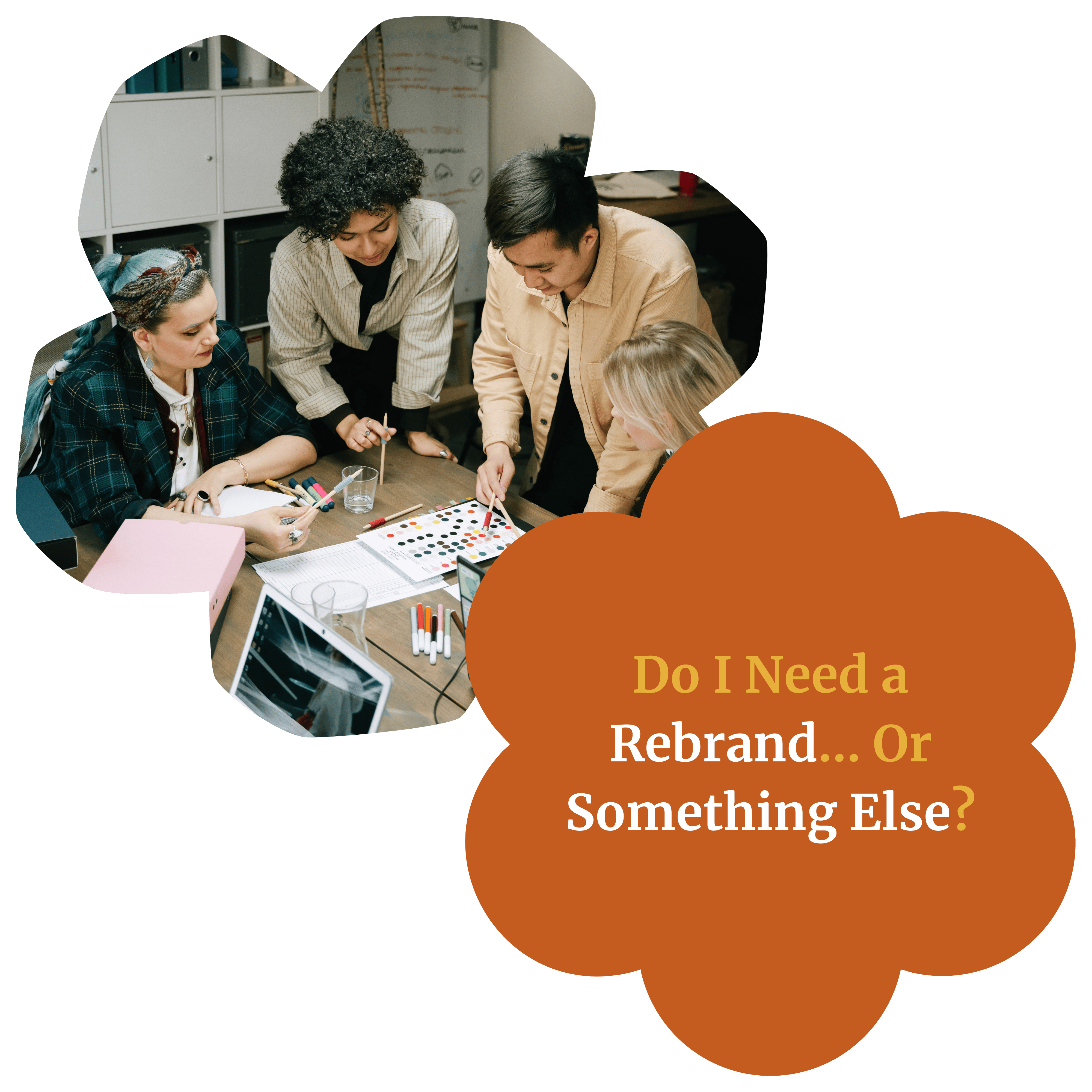 Four individuals from a startup strategize at a conference table. A floral icon indicates the title of the article: "Do I Need a Rebrand or Something Else?"