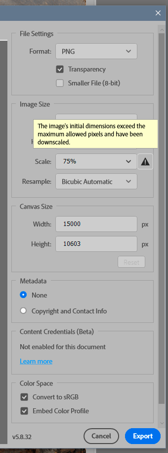 Cannot Export Planet-scale Image - Adobe Community - 14187515