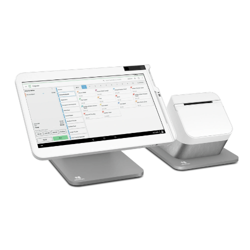 Touchscreen point-of-sale terminal on a stand with a receipt printer on the right.
