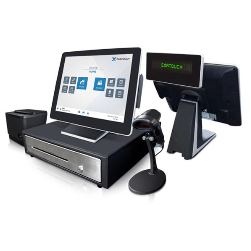 POS system with a touchscreen monitor, barcode scanner, receipt printer, and cash drawer.