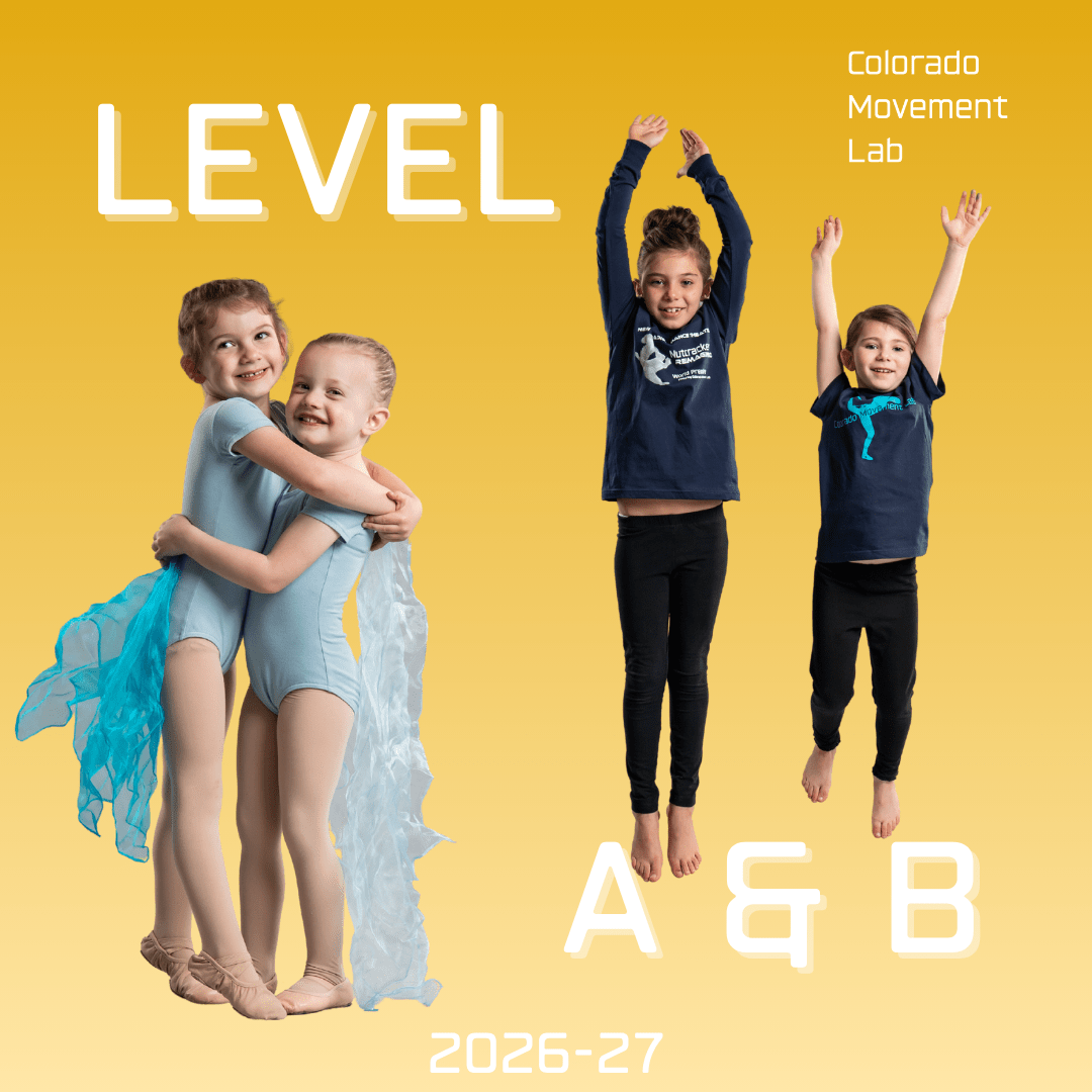 Two photos of young dancers hugging and jumping. The text reads Level A & B. 2026-27.