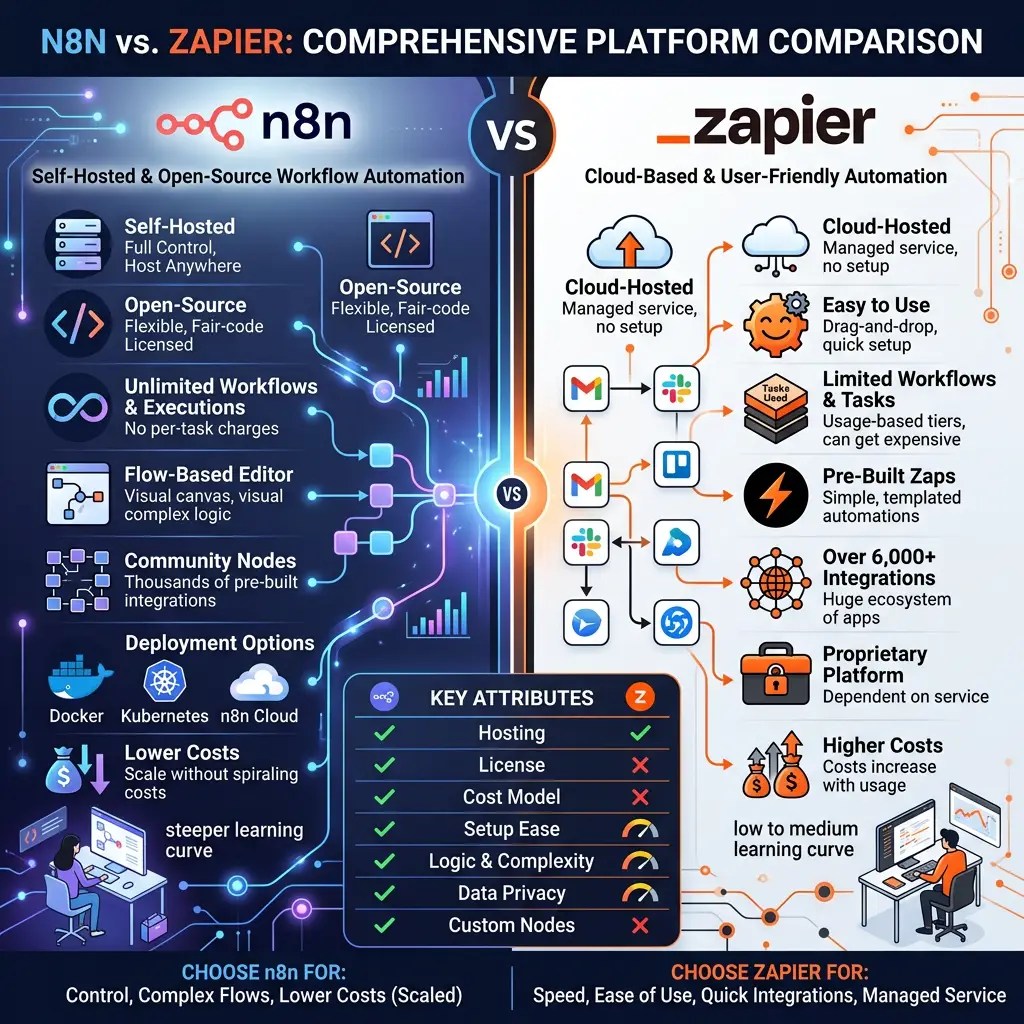 Comparison chart showing features of n8n self-hosted automation versus Zapier cloud-based automation