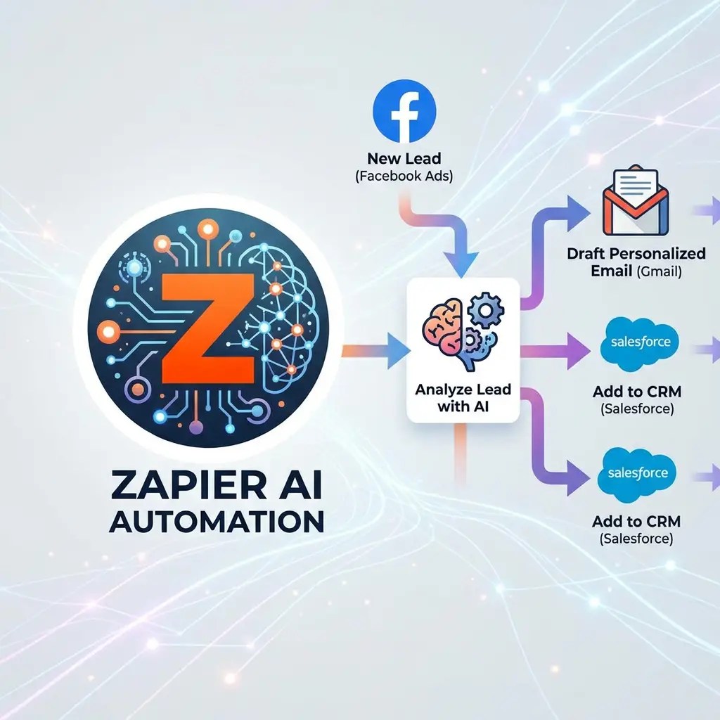 Zapier AI automation workflow illustrating new lead from Facebook Ads analyzed by AI, followed by drafting personalized Gmail email and adding to Salesforce CRM