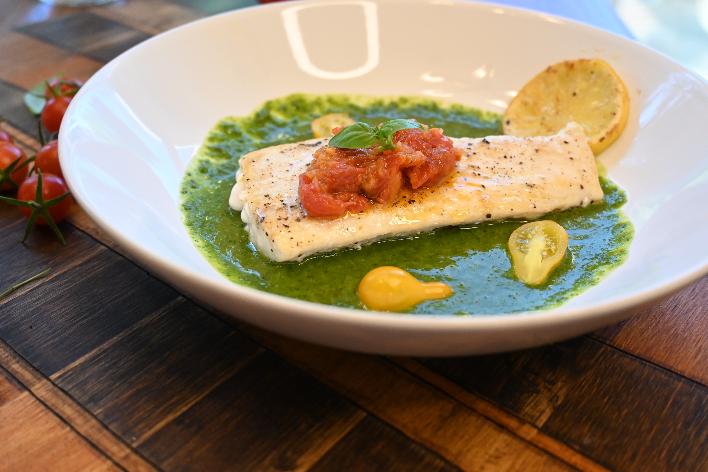 Basil and Green Peppercorn Vinaigrette with Grilled Mahi Mahi and Savory Tomato Jam