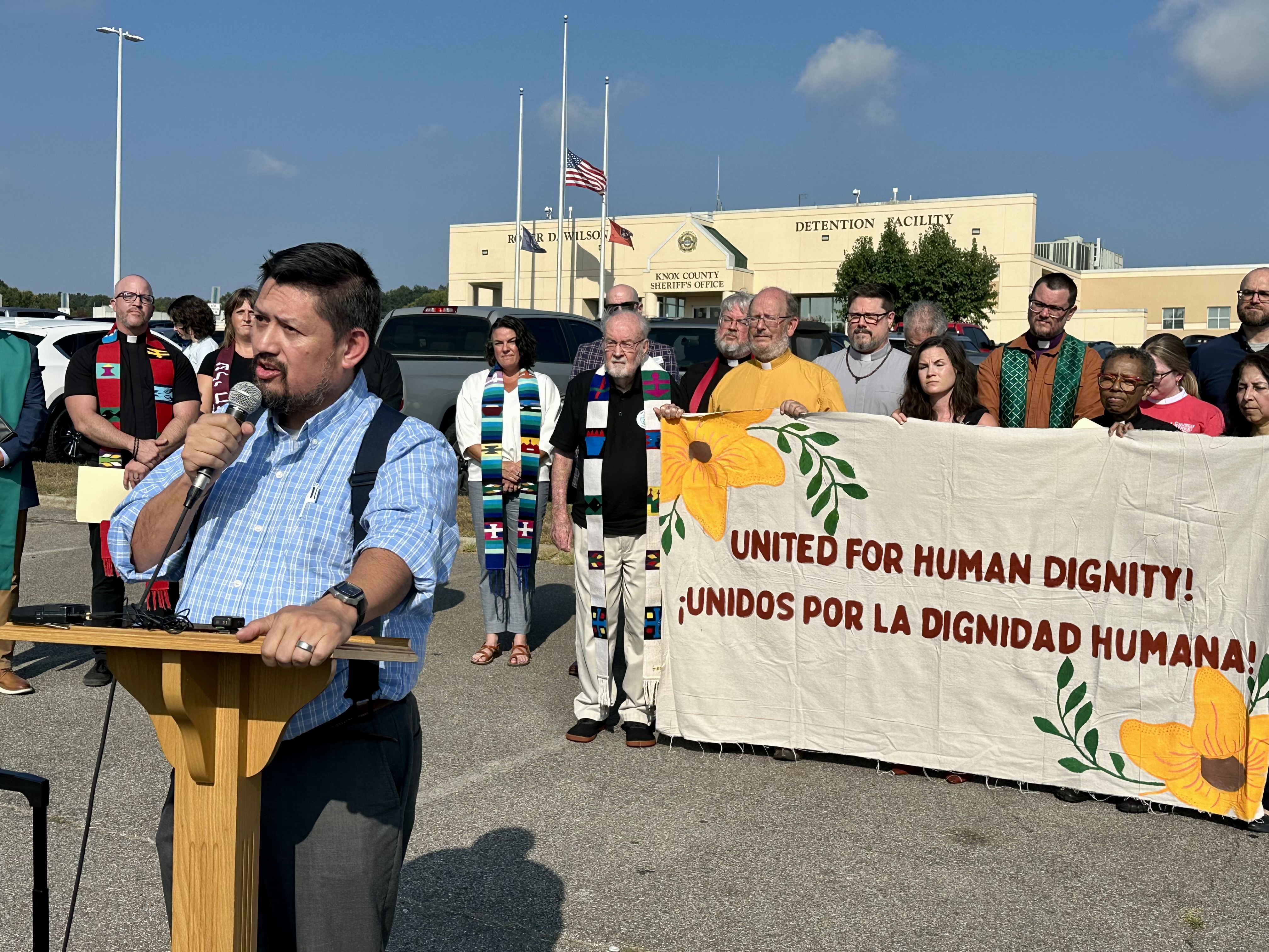 Rev. Daniel Castillo speaks at a news conference on Sept. 16, 2026