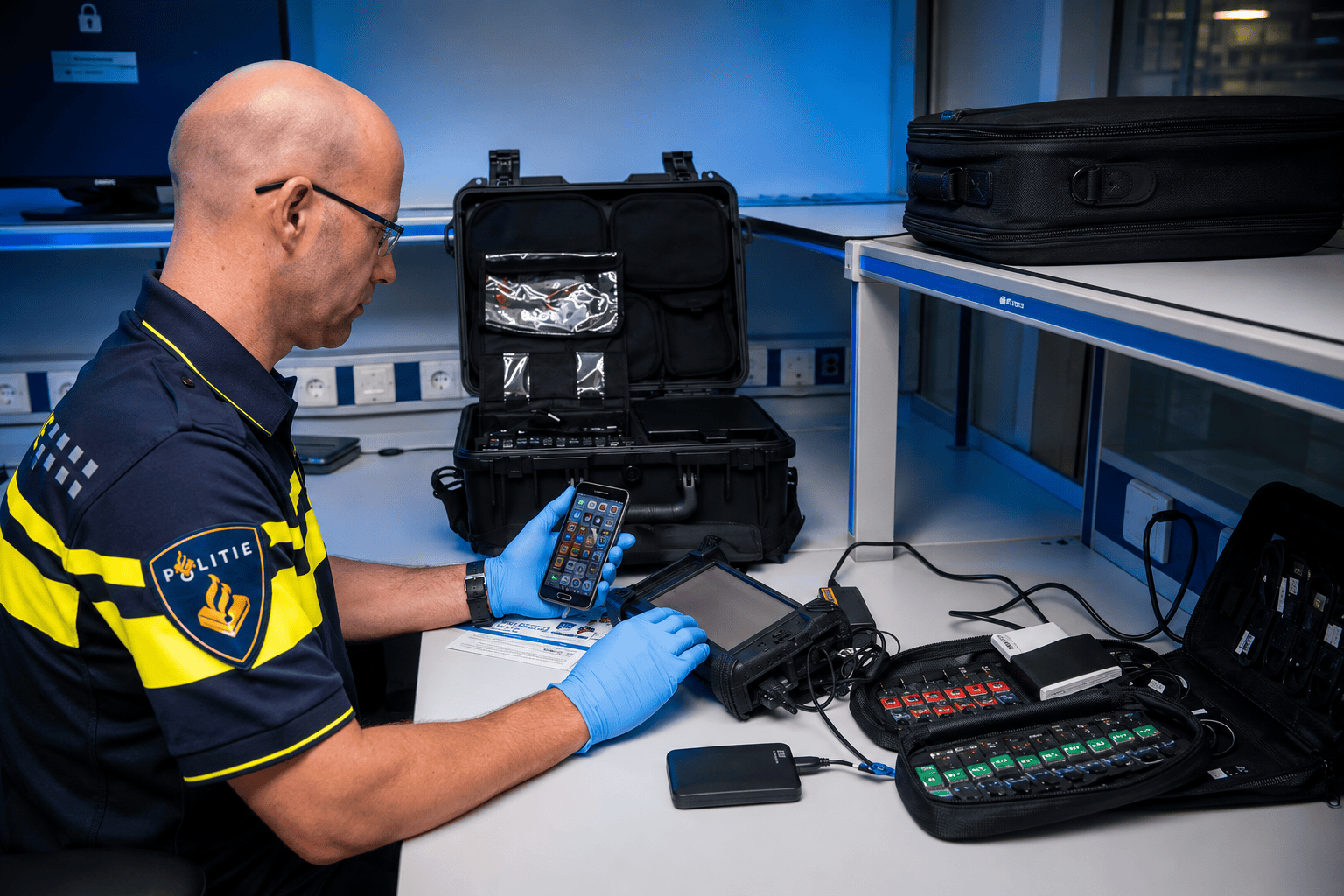 Cybersecurity investigator examining a smartphone and digital forensic equipment in a laboratory.