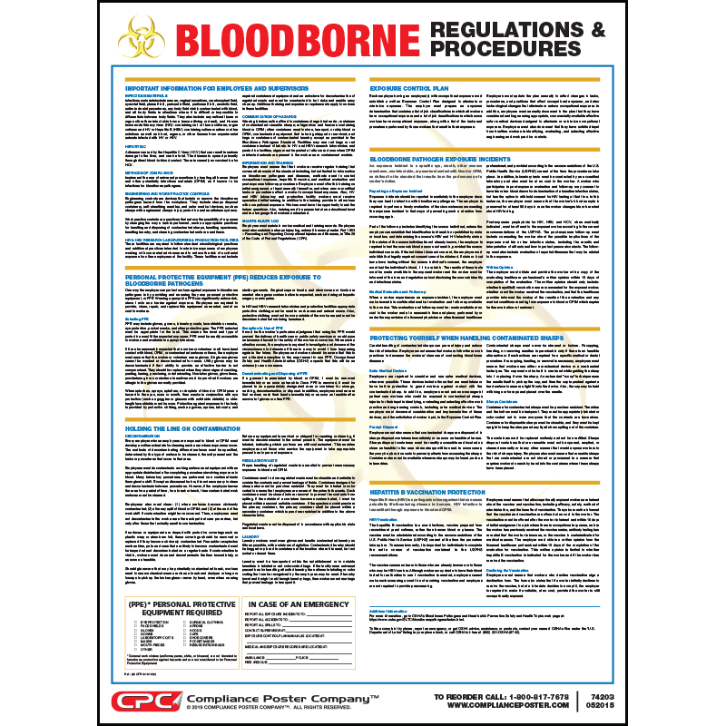 The plan must also describe how an employer will use engineering and work practice controls, personal protective clothing and equipment, employee training, medical surveillance, hepatitis b vaccinations, and other provisions as required by osha's bloodborne pathogens standard (29 cfr 1910.1030). Osha Bloodborne Poster Compliance Poster Company