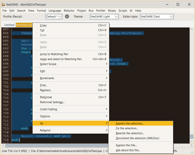 Screenshot of a code editor displaying a Pascal source file with a context menu open, featuring options like 'Copy', 'Cut', and 'Explain the selection'. The editor uses a dark theme.